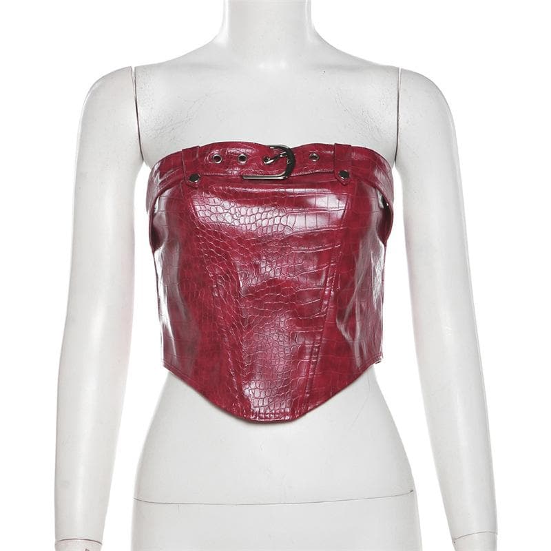 PU leather buckle backless zip-up crop tube top