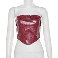 PU leather buckle backless zip-up crop tube top