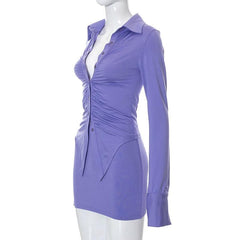 Turnover collar ruched button long sleeve solid mini skirt set