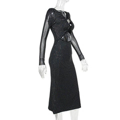 Polka dot contrast hollow out long sleeve mesh midi dress