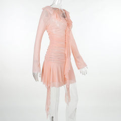 Ruffle solid self tie ruched long sleeve mesh mini dress