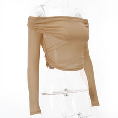 Sheer mesh see through off shoulder ruched long sleeve top