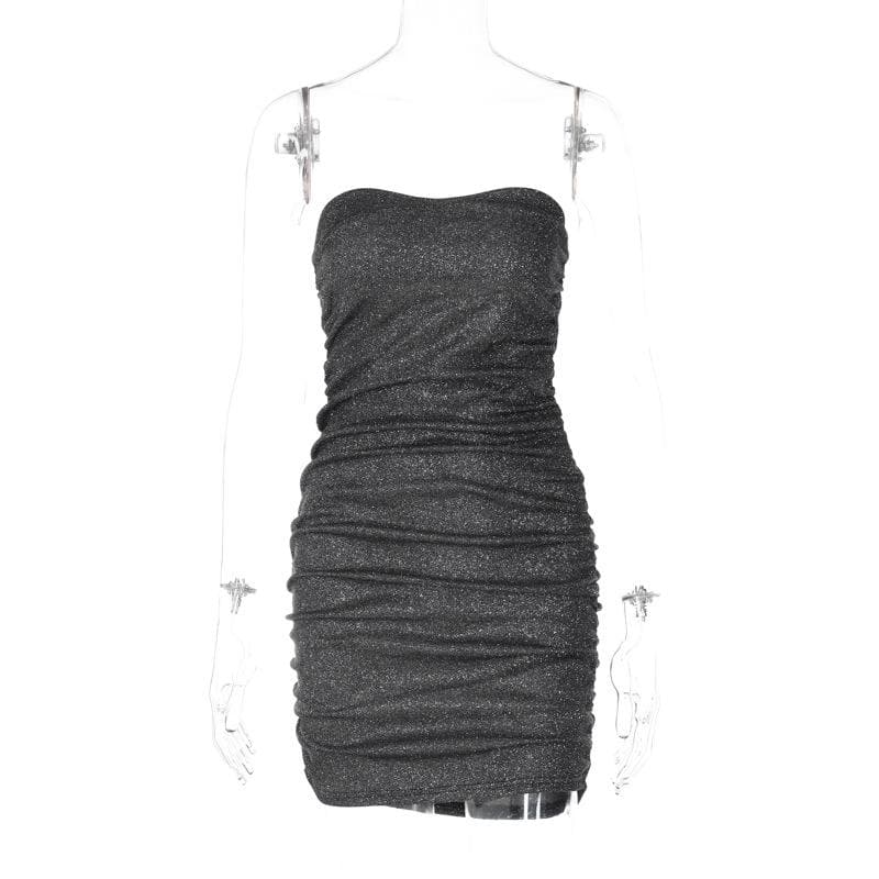 Textured solid ruched backless tube mini dress