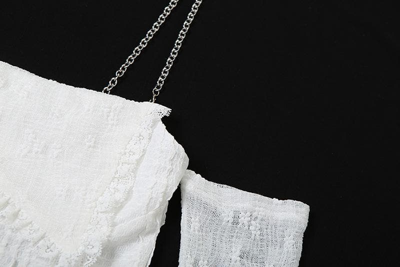 Textured solid long sleeve metal chain lace hem off shoulder top