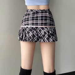 Pleated contrast bowknot plaid high rise mini skirt