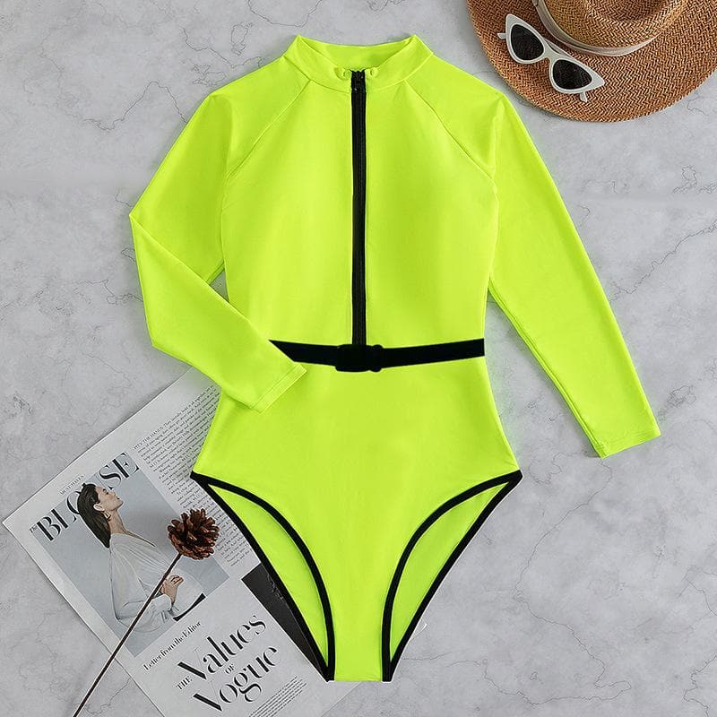 Zip-up contrast long sleeve belt one piece swimwear