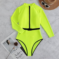 Zip-up contrast long sleeve belt one piece swimwear