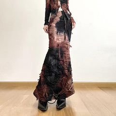 Textured tie dye contrast zip-up low rise maxi skirt set