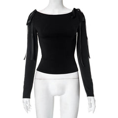 Bowknot solid long sleeve off shoulder 2-way top