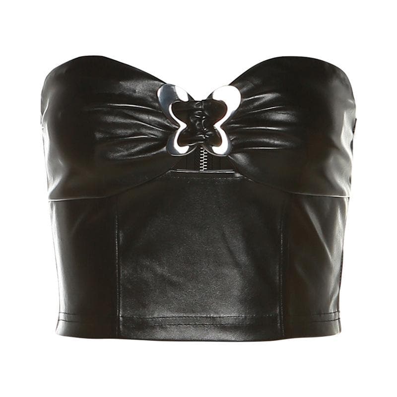 Solid metallic sleeveless zip-up hollow out buckle tube cut out top