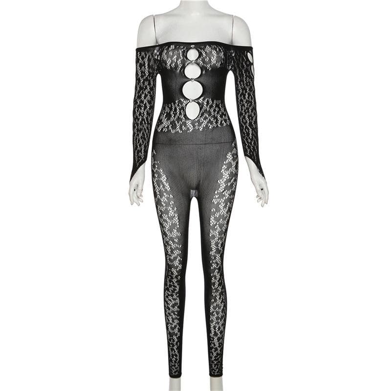 Hollow out gloves fishnet see through off shoulder long sleeve jumpsuit