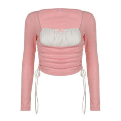 Drawstring textured patchwork contrast long sleeve crop top