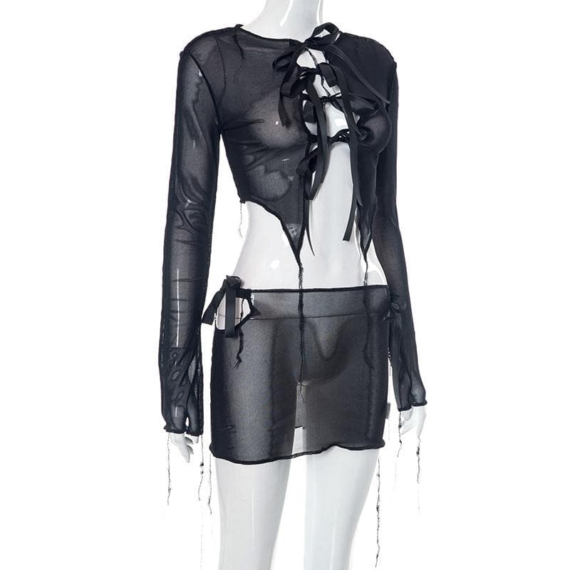 Sheer mesh see through self tie long sleeve solid mini skirt set