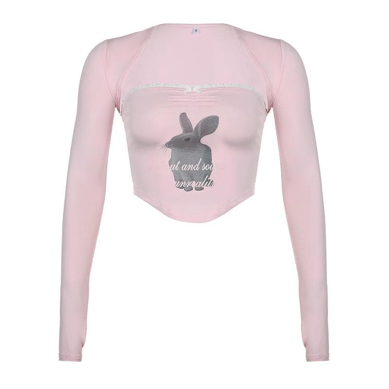 Rabbit pattern contrast lace hem shrug 2 piece crop top