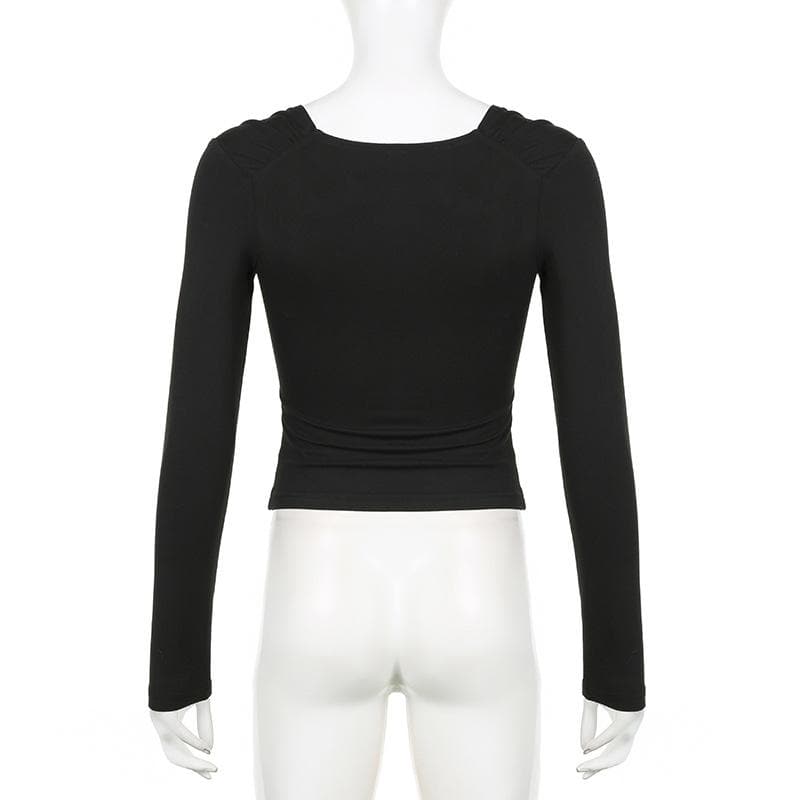 Patchwork solid long sleeve bowknot v neck top