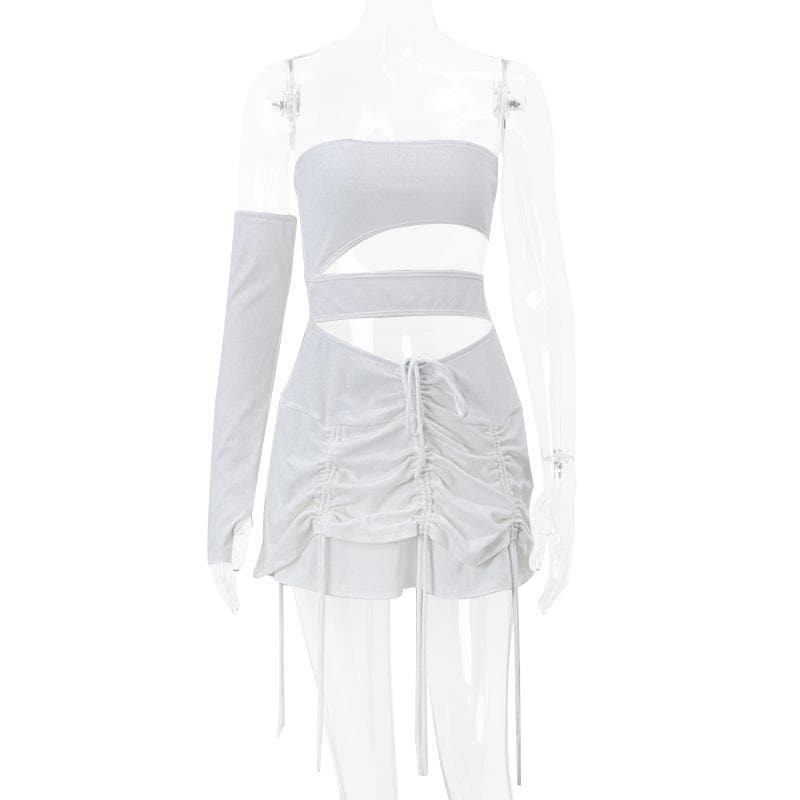 Solid irregular gloves off shoulder drawstring hollow out mini dress