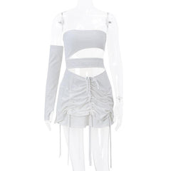 Solid irregular gloves off shoulder drawstring hollow out mini dress