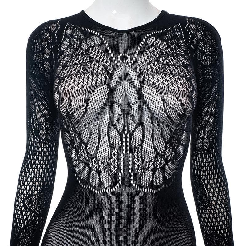 Butterfly pattern fishnet long sleeve solid jumpsuit