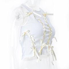 Sleeveless round neck lace up hollow out ribbed crop cut out top
