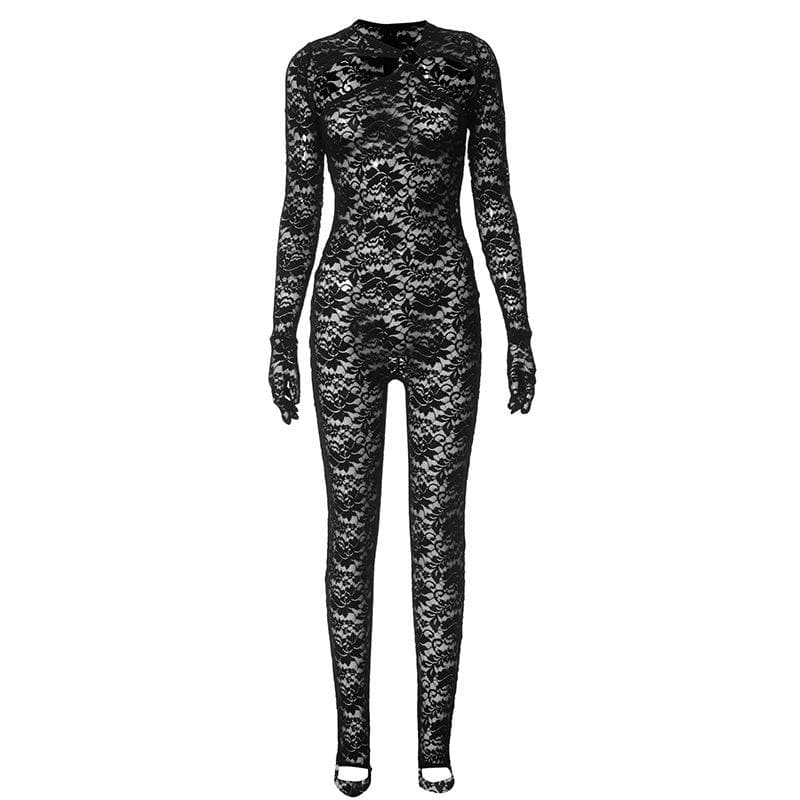 Lace see through zip-up solid long sleeve gloves hollow out jumpsuit