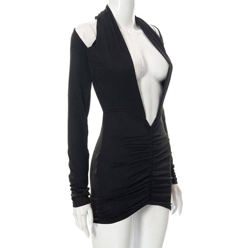 Deep v neck long sleeve open back solid ruched mini dress