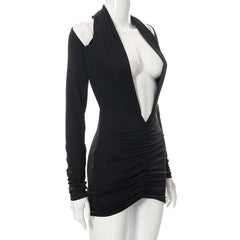 Deep v neck long sleeve open back solid ruched mini dress