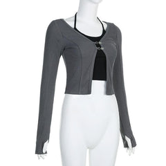 Button stitch long sleeve gloves contrast halter 2 piece crop top