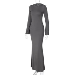 Ruffle solid long sleeve crewneck ribbed maxi dress
