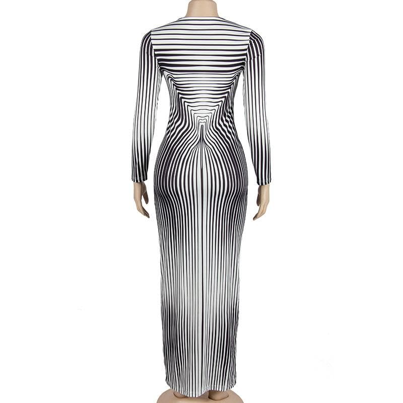 Striped print long sleeve crewneck contrast maxi dress