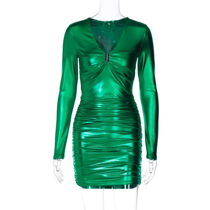 Metallic ruched long sleeve v neck mini dress