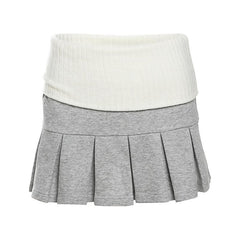 Contrast knitted pleated patchwork low rise mini skirt