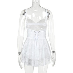 Ruffle bustier bowknot mesh lace up backless cami mini dress