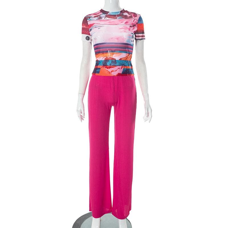 Sheer mesh see through short sleeve contrast pant set
