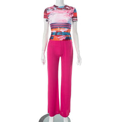Sheer mesh see through short sleeve contrast pant set