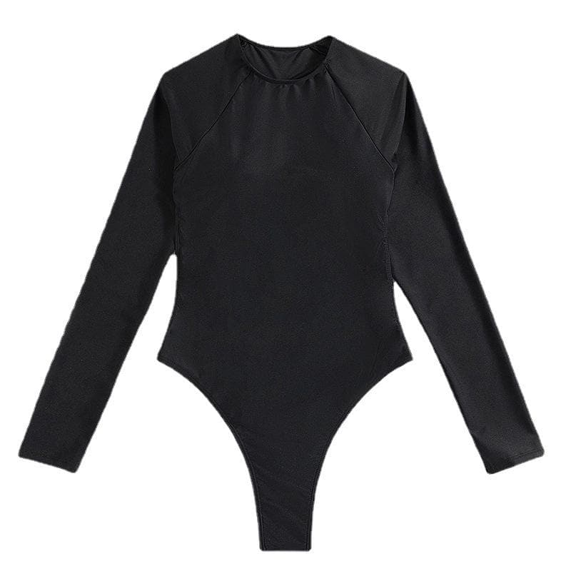 Stone decor long sleeve solid backless one piece swimwear