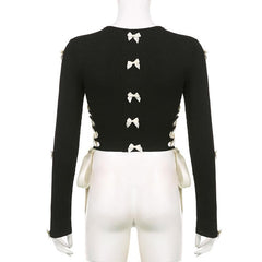 Bowknot long sleeve hollow out lace up contrast cut out top