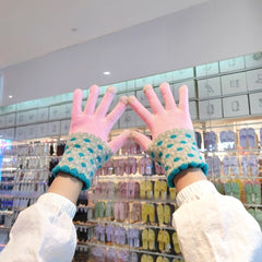 Knitted patchwork flower pattern full finger gloves