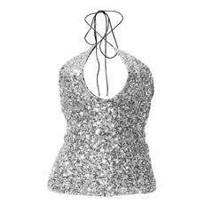 Cross front halter self tie glitter hollow out backless cut out top