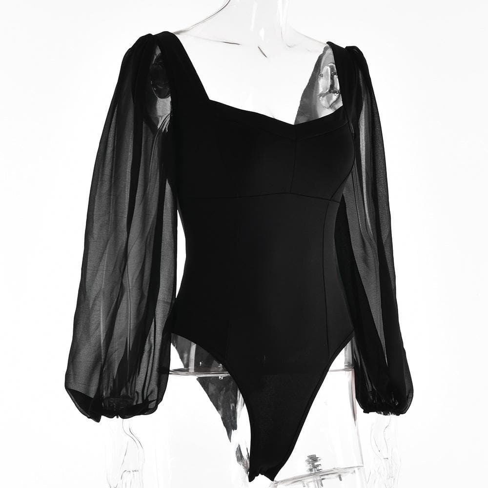 Solid v neck long sleeve mesh backless bodysuit