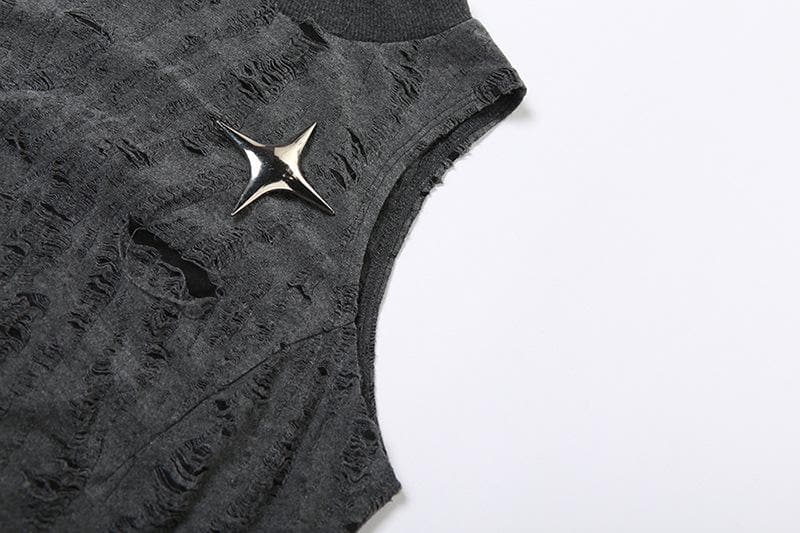 Sleeveless textured star applique hollow out solid crop cut out top