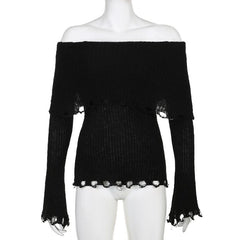 Crochet long sleeve hollow out off shoulder solid cut out top