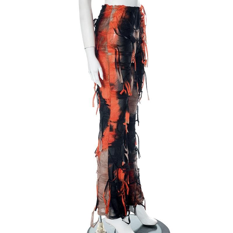 Tie dye textured tassels contrast high rise pant