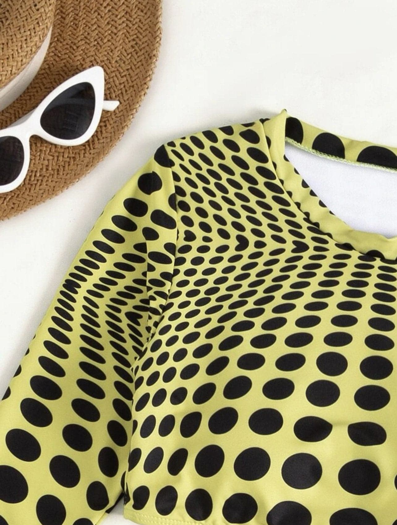 Polka dot contrast long sleeve drawstring 3 piece swimwear