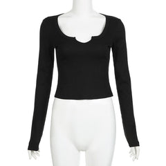 Ribbed notch neck solid long sleeve top