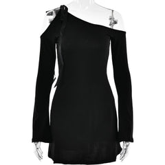 Self tie irregular one shoulder long sleeve solid mini dress