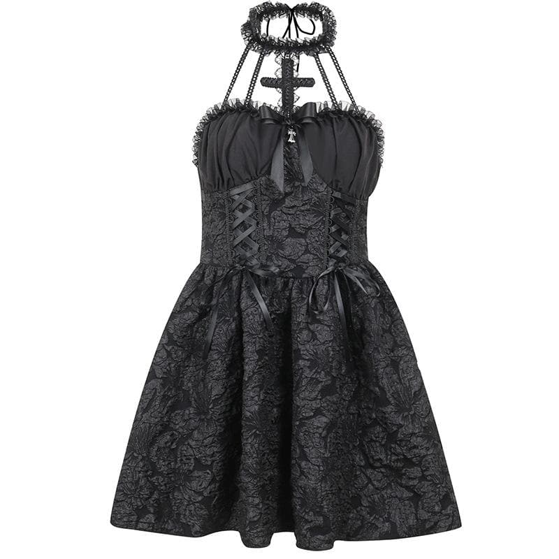 Textured cross applique ruffle halter zip-up lace up mini dress