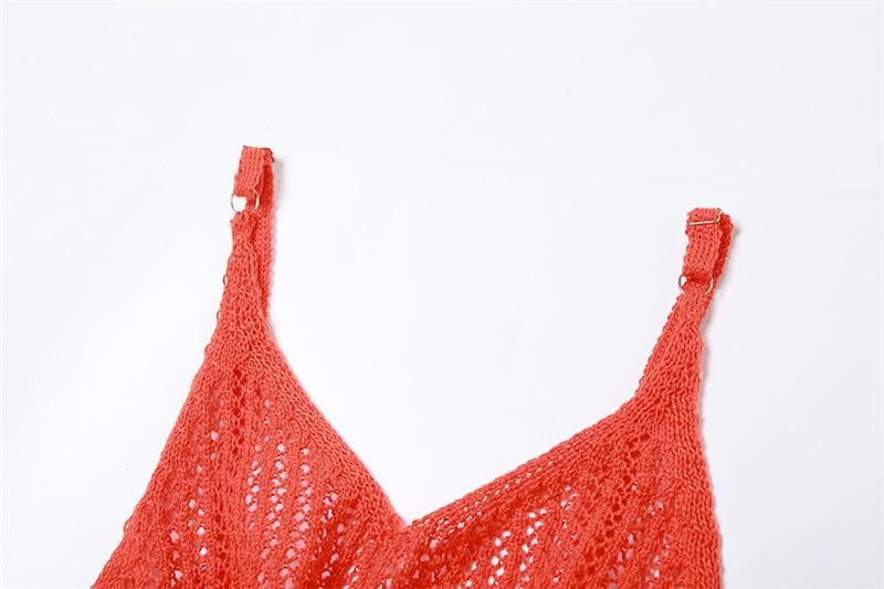Crochet v neck see through ruffle irregular cami midi skirt set