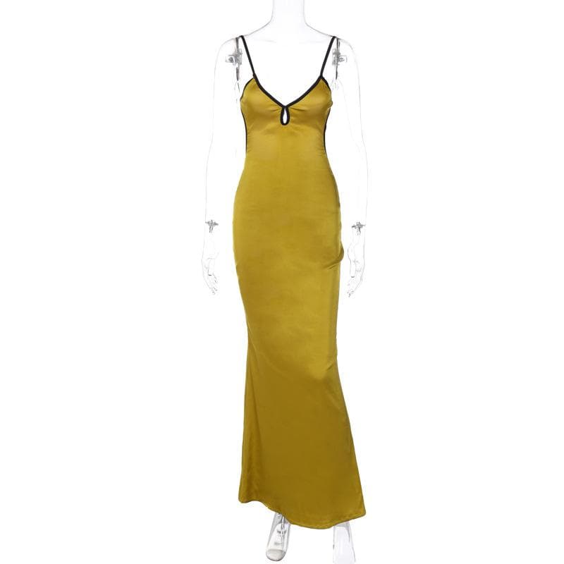 Backless v neck self tie contrast hollow out cami maxi dress