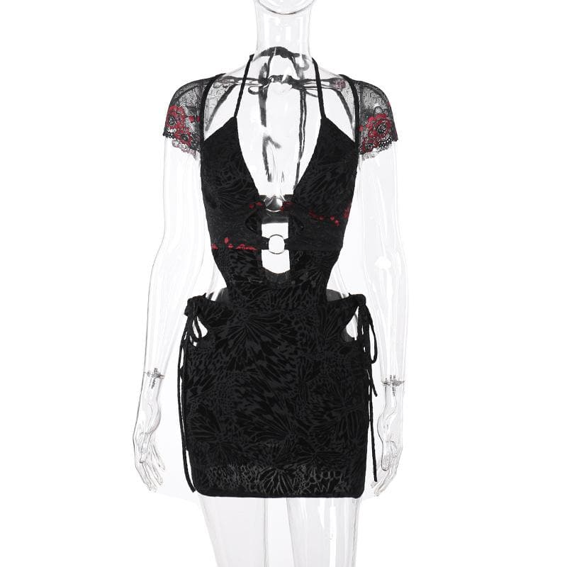 Cap sleeve halter o ring deep V neck hollow out lace mini dress