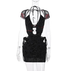 Cap sleeve halter o ring deep V neck hollow out lace mini dress